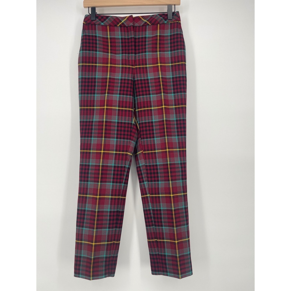 Uterque Plaid Trousers XS 24 Red Multi Good Slim High Rise Woven Pants